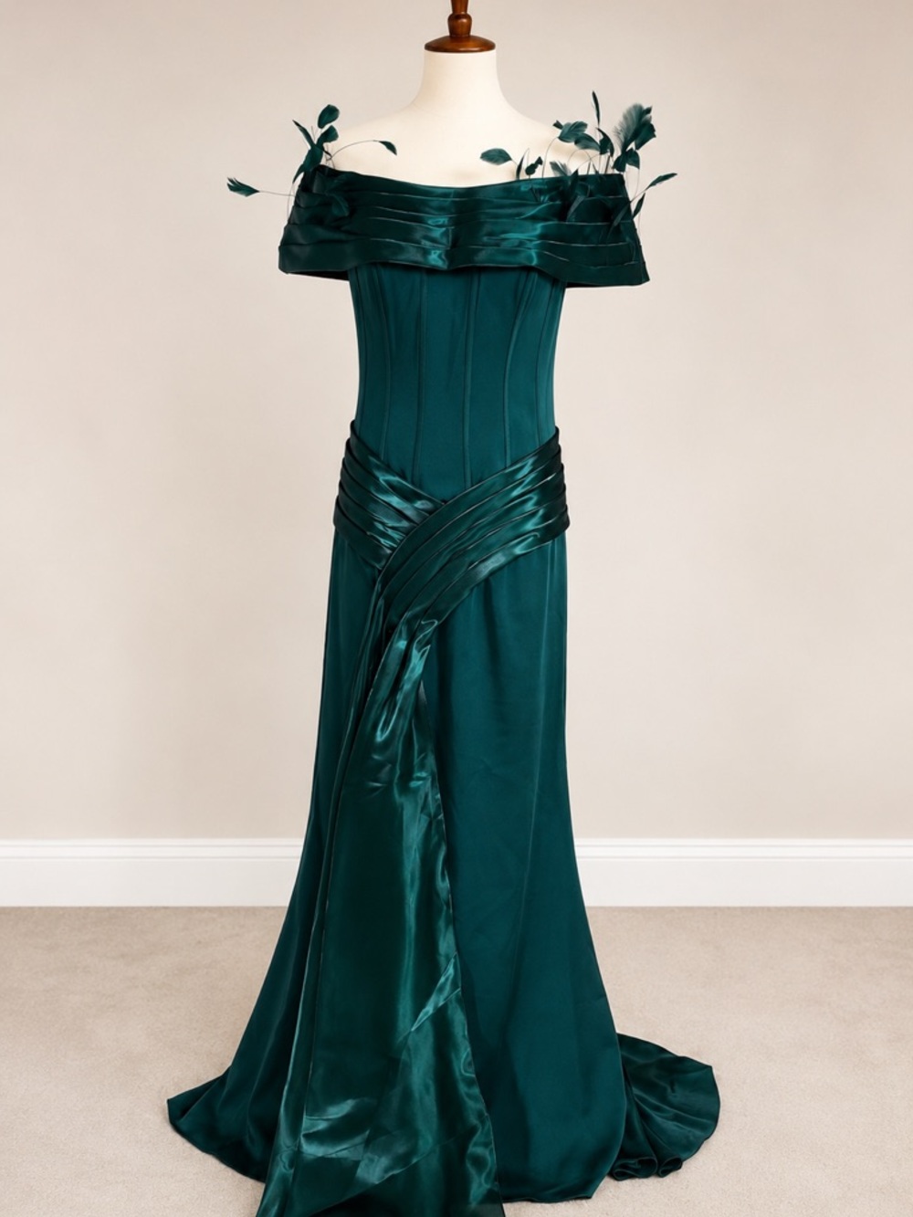 Terani Couture Off-Shoulder Teal Satin Evening Gown